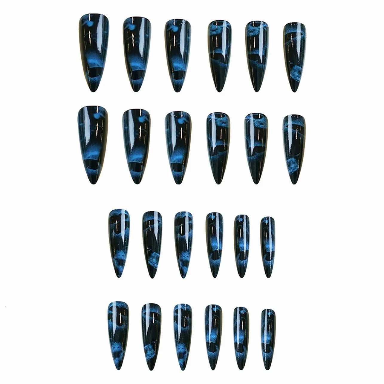 24PCS Dark Blue Butterfly Y2k False Nails Spicy Girls Gradient French Pointed Fake Nails Press On Long Stiletto Artificial NailsT251118T251119