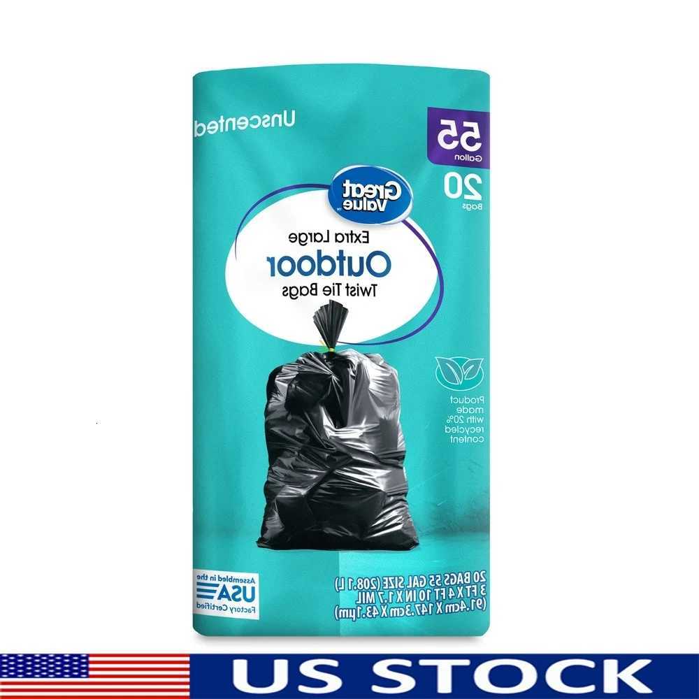 Extra Large 55 Gallon Outdoor Twist Tie Trash Bags Heavy Duty Unscented 20 Count Perfect Yard Clean Up and Household Use C251119