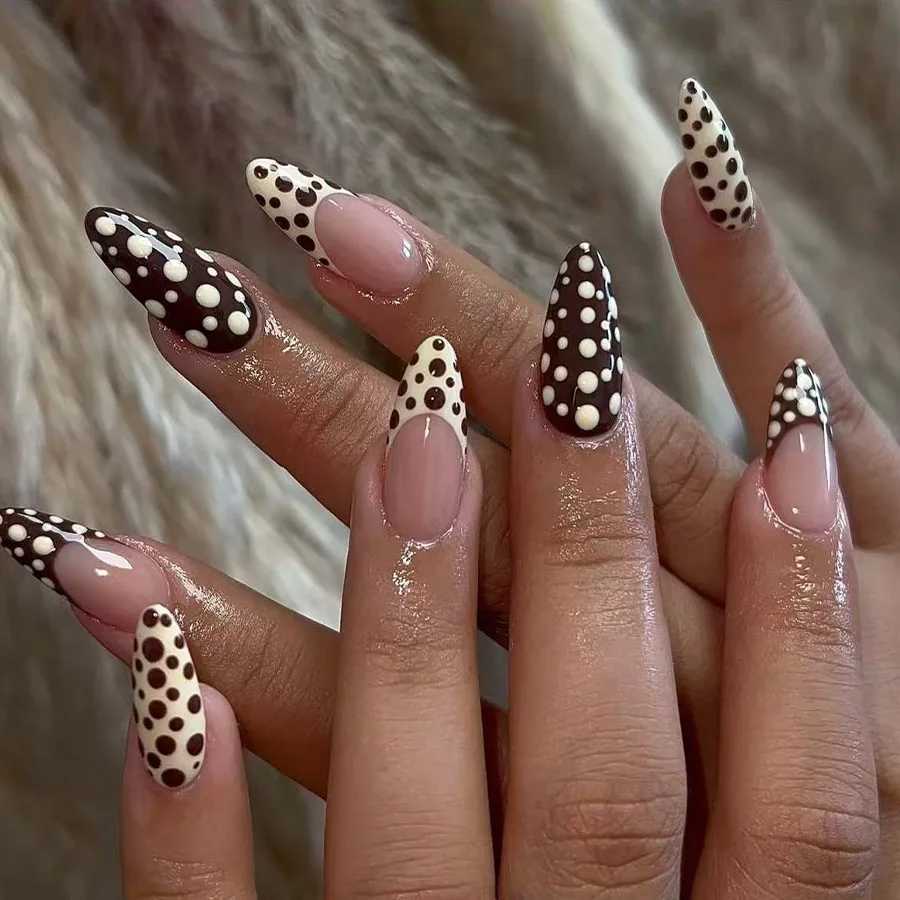 24pcs Blue Press on Nails with Polka Dot Pattern Design Almond Full Cover Nail Tip Flower Rhinestone False Nail French Fake NailT251118T251119