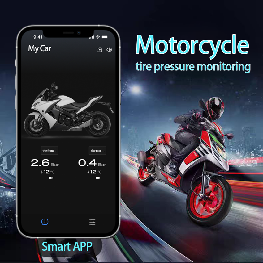 Motorcycle Car Tire Pressure Monitoring System, Tire Pressure and Temperature Alarm, Wireless TPMS with 4 External Sensors, Support iOS and Android