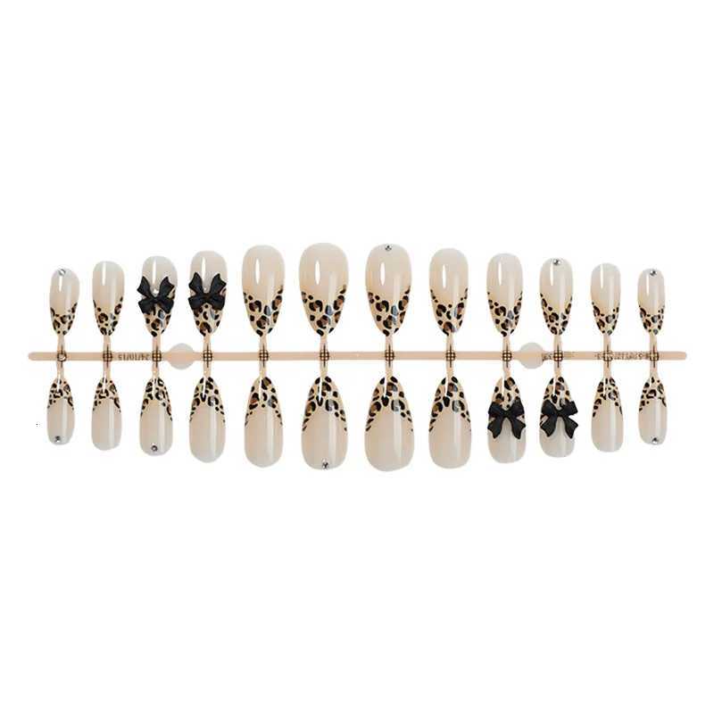 24pcs Almond-Shaped Nails Leopard Print Featuring a French Tip Design And 3D Bow Decor Glossy Full Coverage Press-On Fake NailsT251118T251119
