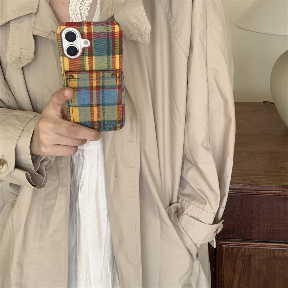 Plaid Colorful Card Holder Phone Case Compatible with iPhone 16/15 Pro Max Niche Simple Protective Case iPhone 14 Pro