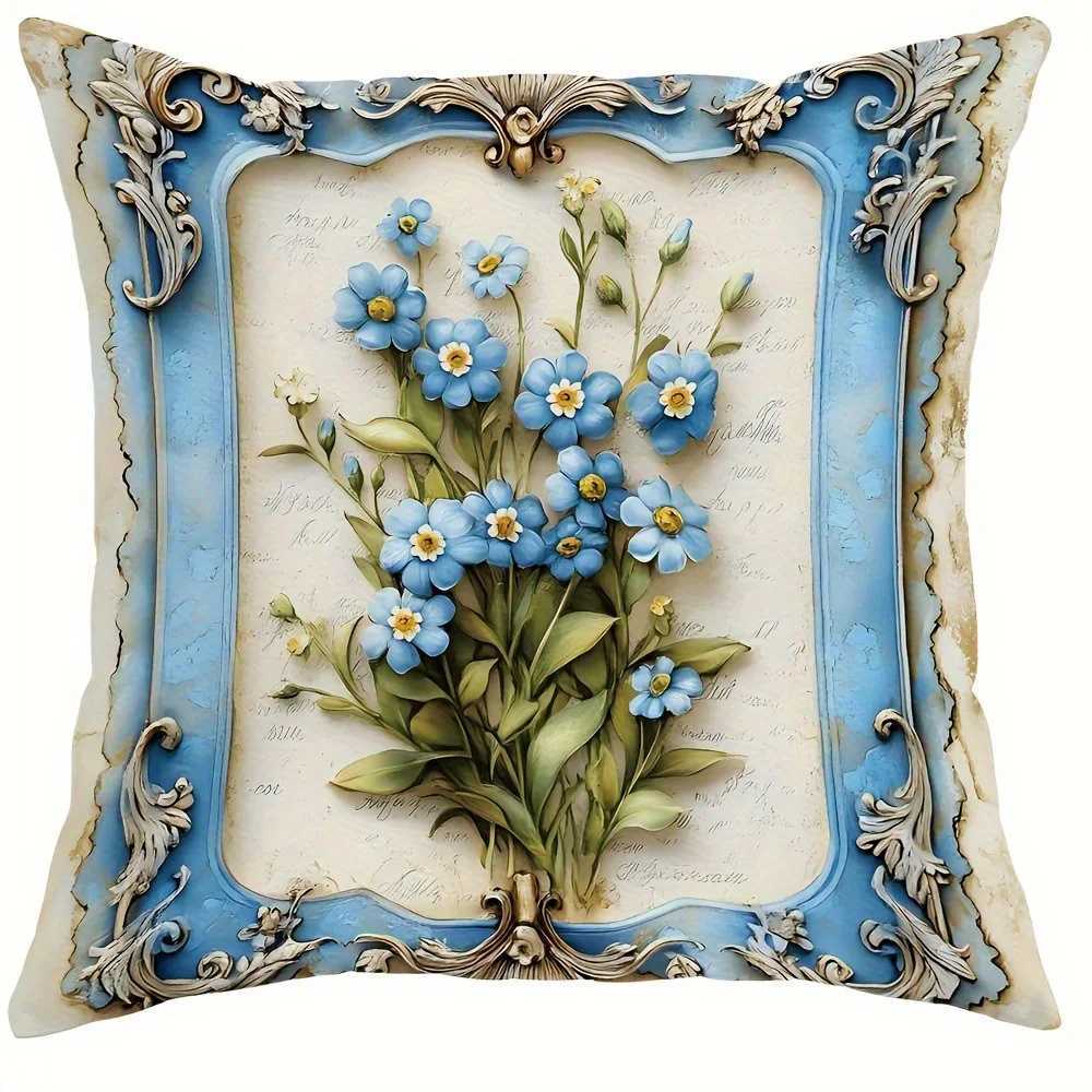 Blue Flowers Birds Butterflies throw cover with short plush print for living room sofa decoration cushion coverM251119
