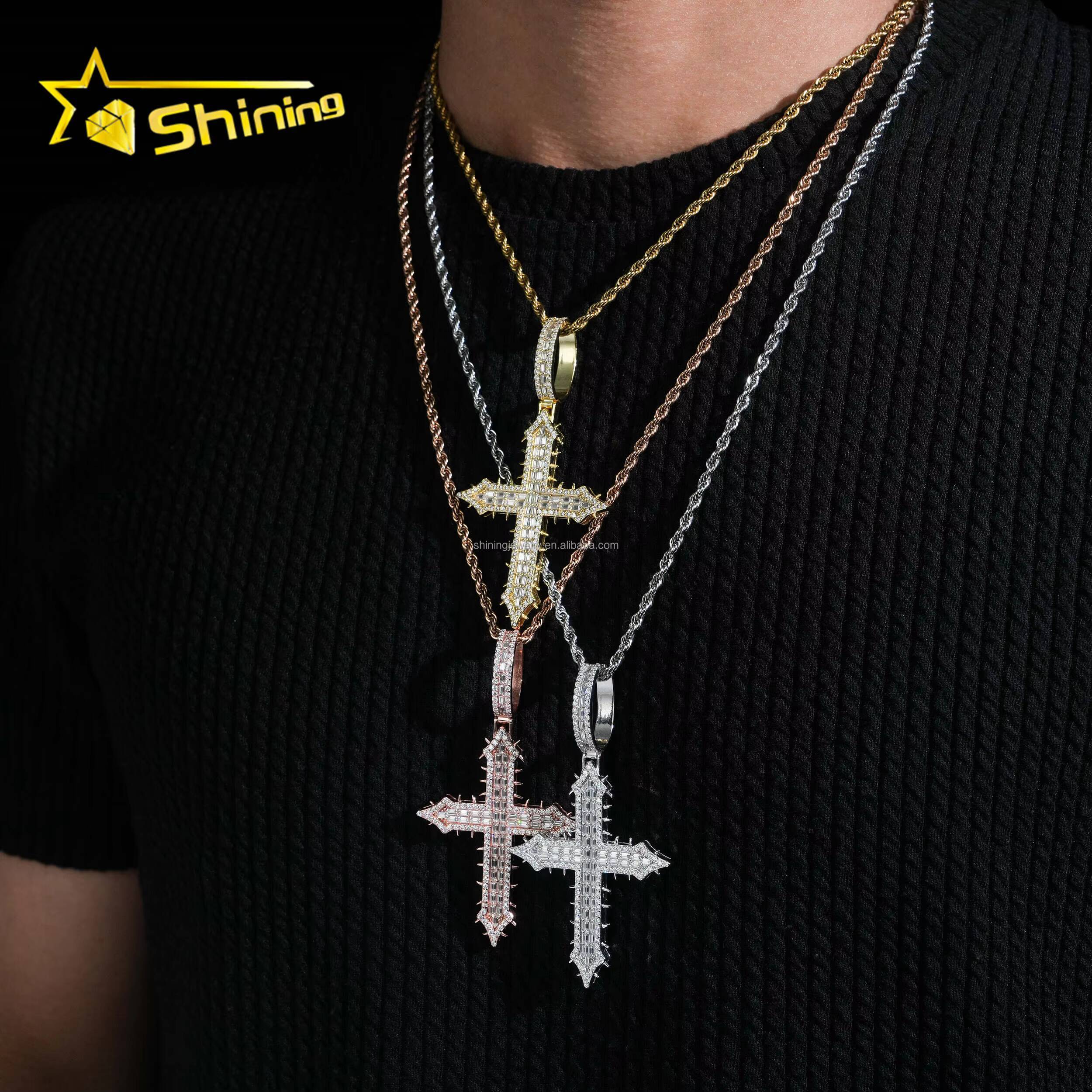 New Arrivals Bulk Stock Hip Hop Stylish Rapper Jewelry VVS1 Moissanite Diamond S925 Silver Iced Out Man Thorn Cross Pendant