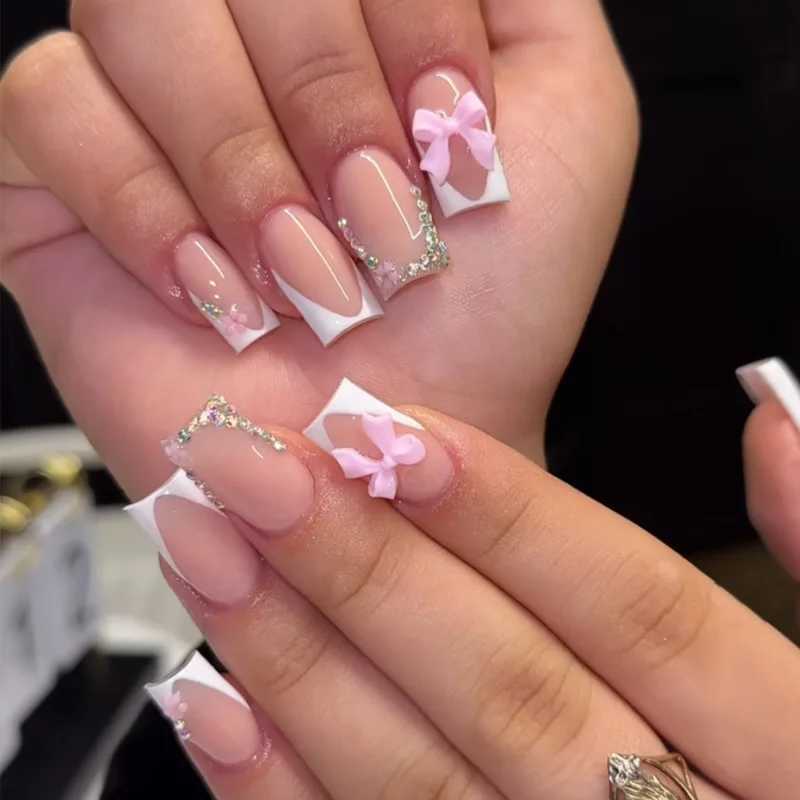 24Pcs Mid-length Square Head French False Nails with 3D Bow Rhinestone Design Full Cover Fake Nails Reusable Press on Nails TipsT251118T251119