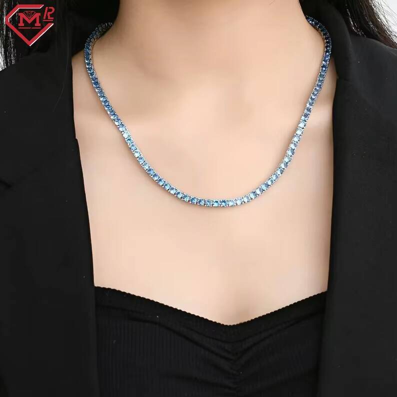 Bling Hiphop Tennis Chain 4mm Pass Testter Blue Diamond 925 Silver Vvs Moissanite Tennis Chain