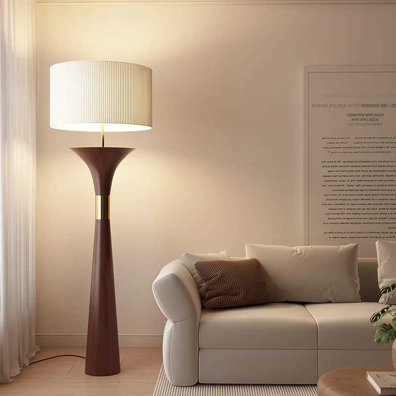 French Medieval Fabric Walnut Floor Lamp Bedroom Bedside Lamp Living Room Sofa Side Lamp Decorative Light Apartment LED Lighting M251119