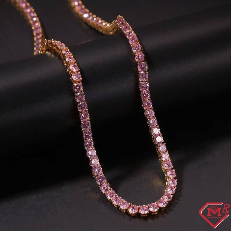 4MM Tennis Chain Necklace Pink Stone 925 Silver Pass Diamond Tester Moissanite Tennis Chain