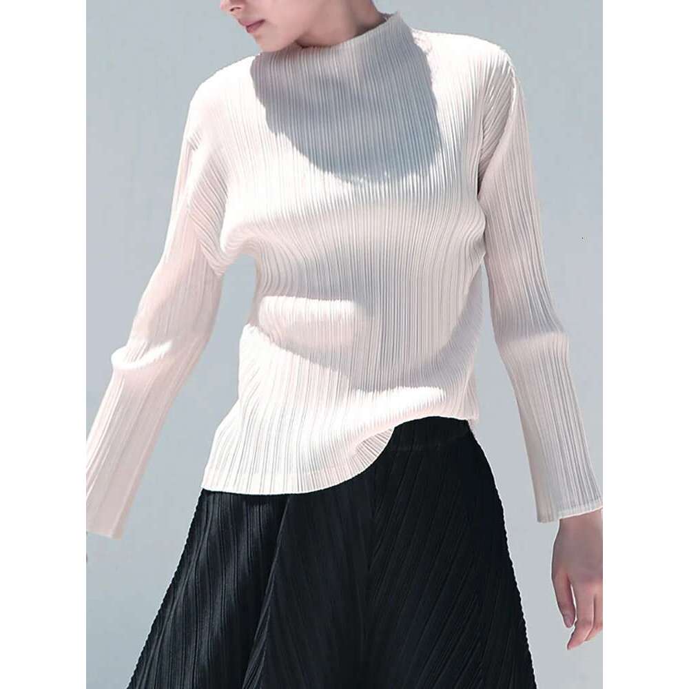 Designer Clothes Miyake Pleated Long Sleeve Tops High Neck Solid Color Loose T-Shirt Women's Casual Ladies Shirt