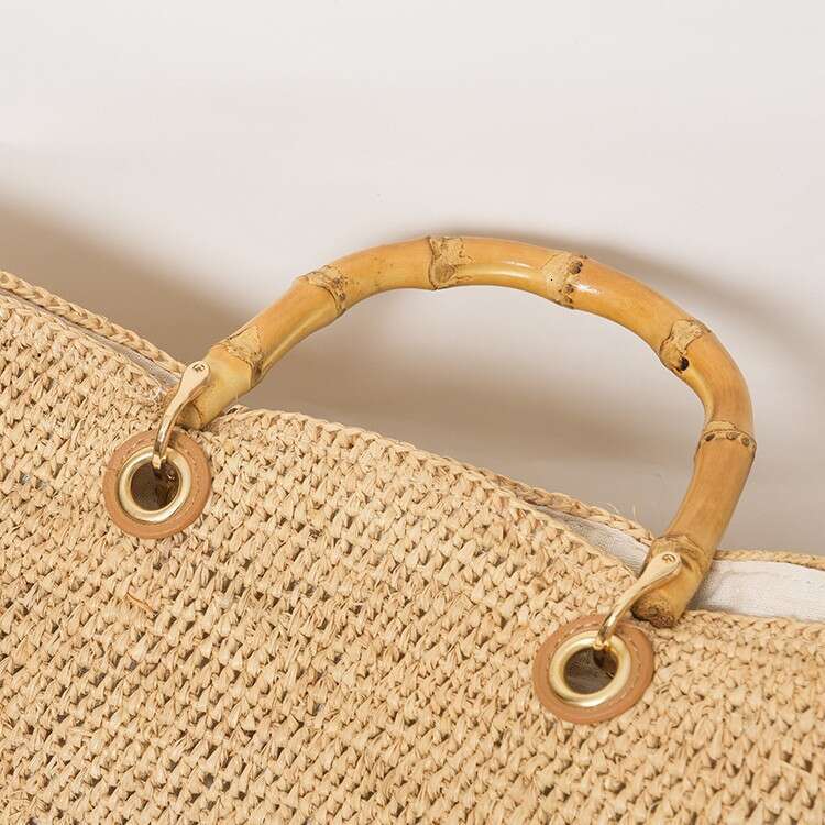 Handmade Beach Bag French Bamboo Handle Lafite Grass Hand Held Summer Hand Woven Beach Vacation Bag Vegetable Basket KQ