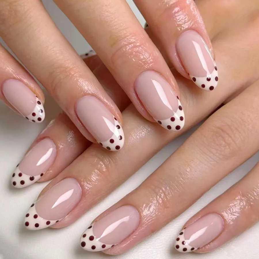24pcs Blue Press on Nails with Polka Dot Pattern Design Almond Full Cover Nail Tip Flower Rhinestone False Nail French Fake NailT251118T251119