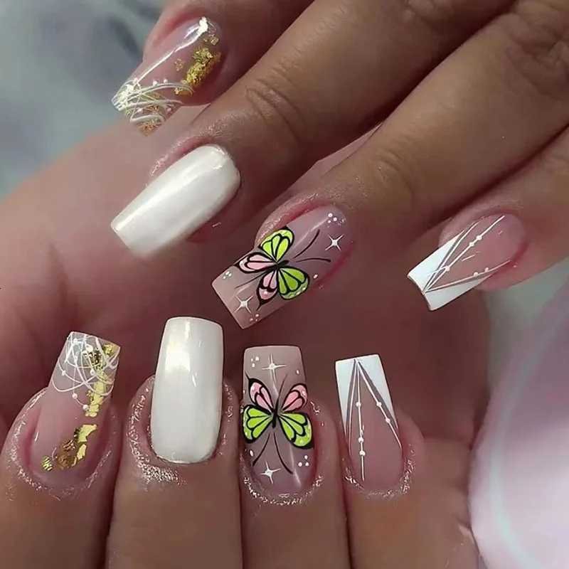 24Pcs Mid-length Square French False Nails Press on 3D Flower Crocodile Grain Design Fake Nails Detachable Full Cover Nails TipsT251118T251119