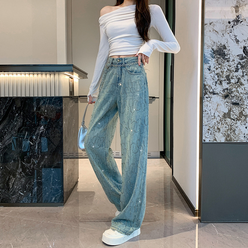 Designer Summer Luxury Gradient Jeans Women's Vintage Water Diamond Starry Sky Straight Leg Pants Narrow Legs Street Fashion College Students Blu