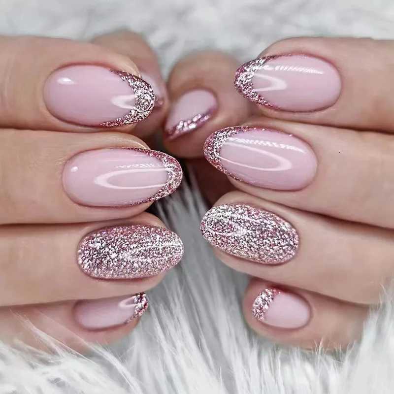 24pcs Detachable Almond French False Nails DIY Glitter Design Press on Nails Fake Nials DIY Manicure Nail TipsT251118T251119