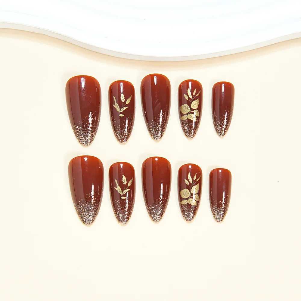24Pcs Glossy Brown Fake Nails Autumn Almond Press On Nails with Gold Color Leaf Designs Full Cover Stick-on False Nails PatchesT251118T251119
