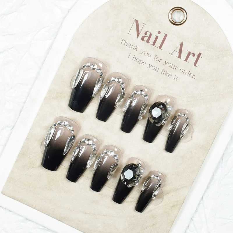 Universally Applicable in All Seasons Handmade Nail Long Black Wearable Fake Nail Fashion Diamond Fake Nail Art Tool for WomenT251118T251119