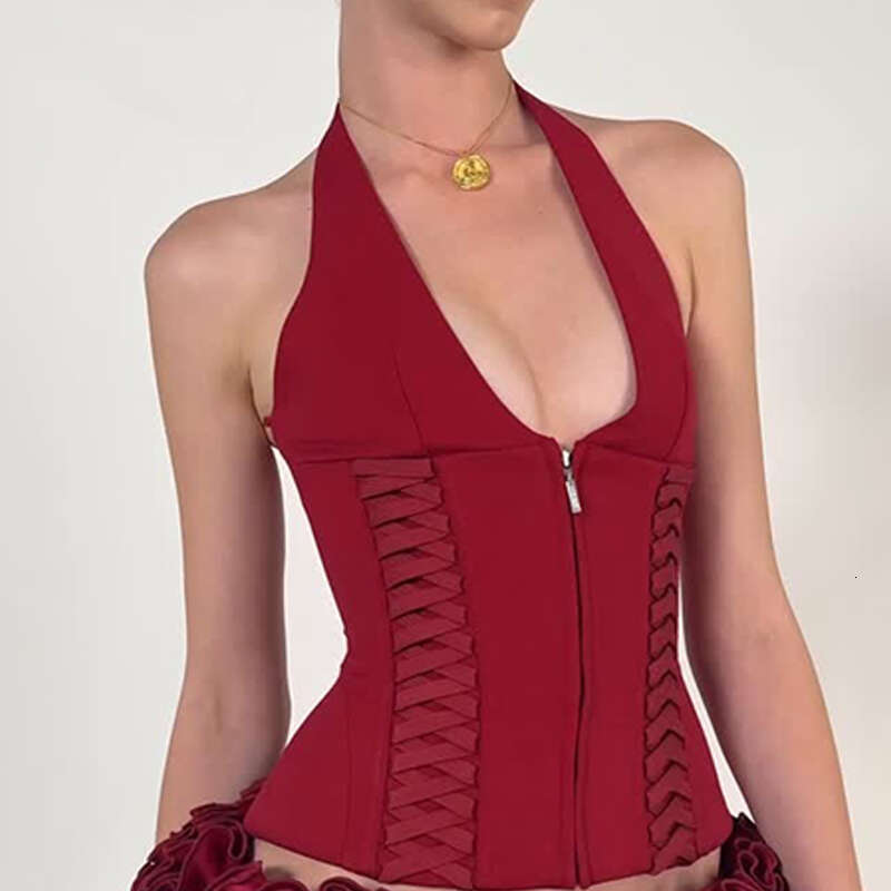 Jinzhini's Fashionable Cross Strap Zipper Slim Fit Hanging Neck Vest Women's Red Backless Sexy Short Top