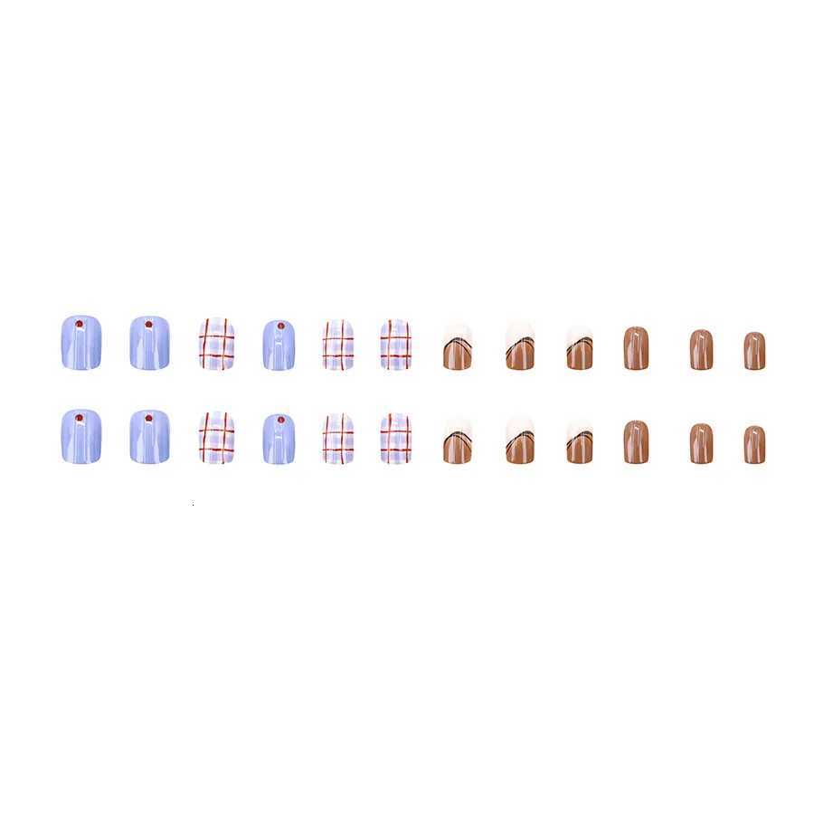 24pcs Press on Nails Blue Checkered Gradient Short Full-Coverage Nail Tips for WomenGirl Removable wearable Nail Daily WearT251118T251119