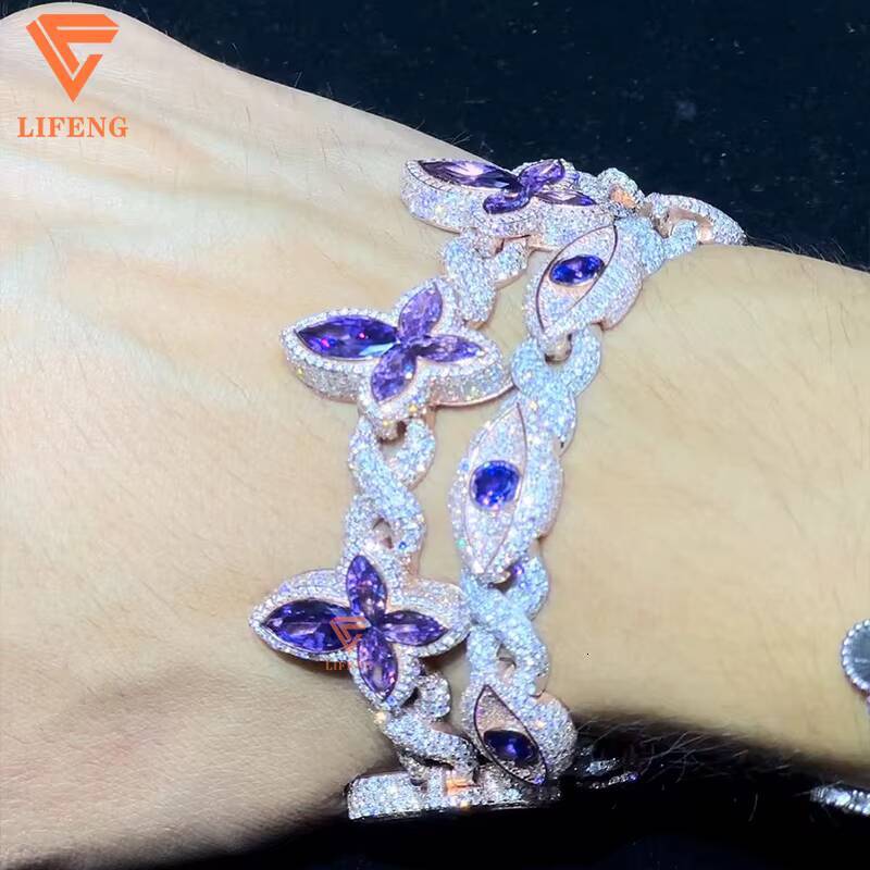 Custom Women Flower Moissanite Diamond Charm Bracelet 925 Sterling Silver Fashion Bracelets Bangles Hip Hop Jewelry Bracelet
