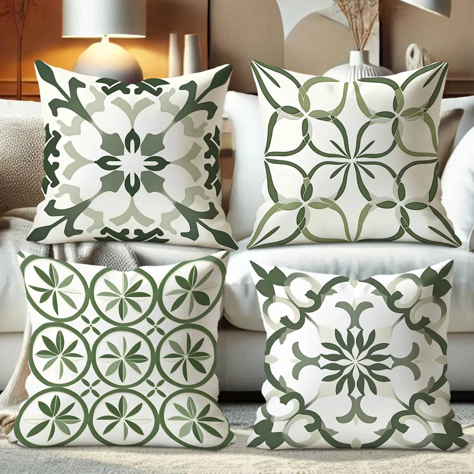 4pcs Bohemian Floral Velvet Throw Covers - Green White Soft Decorative cases with Zipper Closure One-Sided PrintM251119