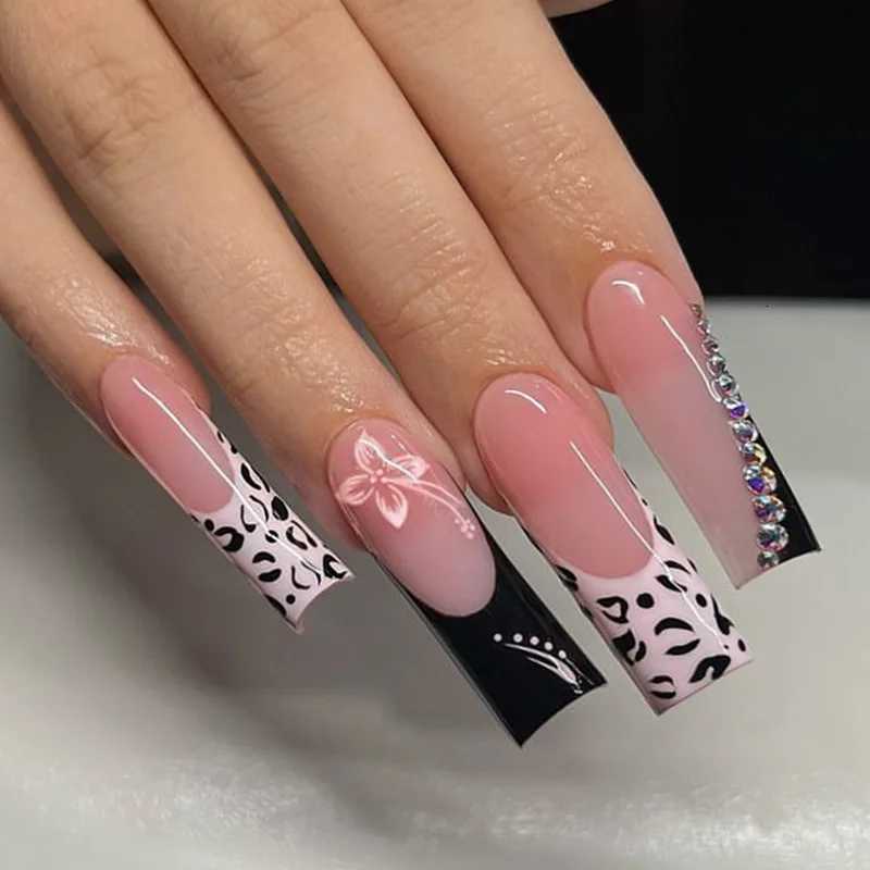 24Pcs Long Square Press on Nails Leopard Print French 3D Cherry Design False Nail Rhinestone Wearable Full Cover Fake Nails TipsT251118T251119