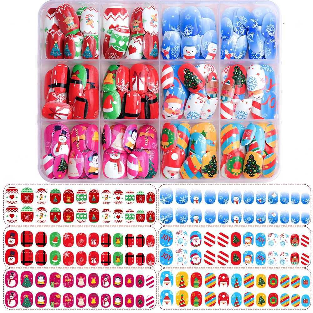 12gridsx12144pcs Christmas Children Fake Nails Red/Blue Square Round Press On Nails With Cartoon Snowman/Snowflake Nail TipsT251118T251119