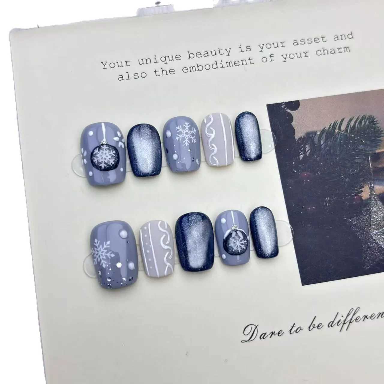 10pcs Handmade Press on Nails Christmas Frozen Blue Cat-Eye Full Coverage Nail Tips for WomenGirl Removable Wearable Nail ArtT251118T251119