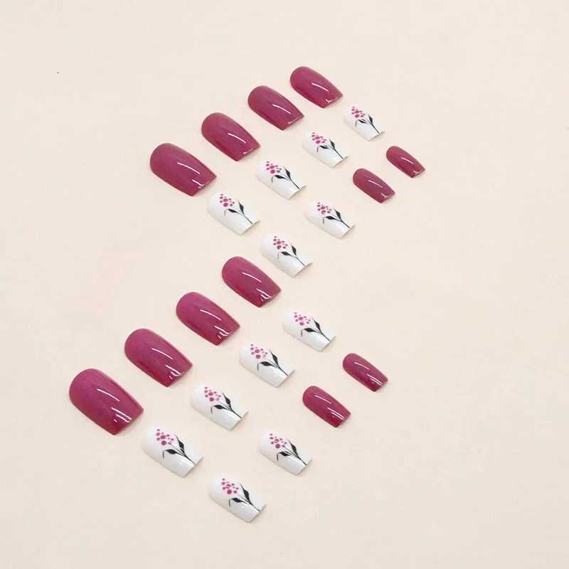 24pcs/set Square Rose Red Purple Flower Press on Nail False Nails for Girls Fake Nails with Design Artificial Nails Short CheapT251118T251119