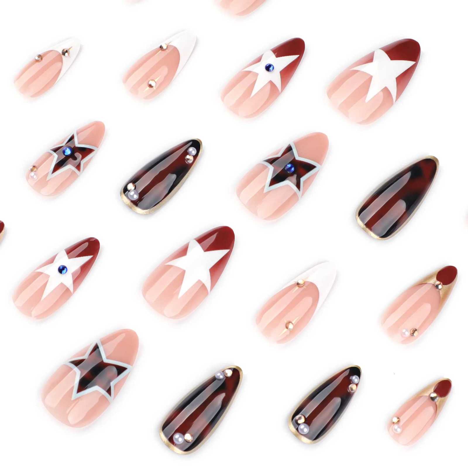 Autumn Brown French Press On Nails 24Pcs Y2K Girls Wearable Fake Nails Star Printed Spicy Girls Charm Manicure Diamond DecorT251118T251119