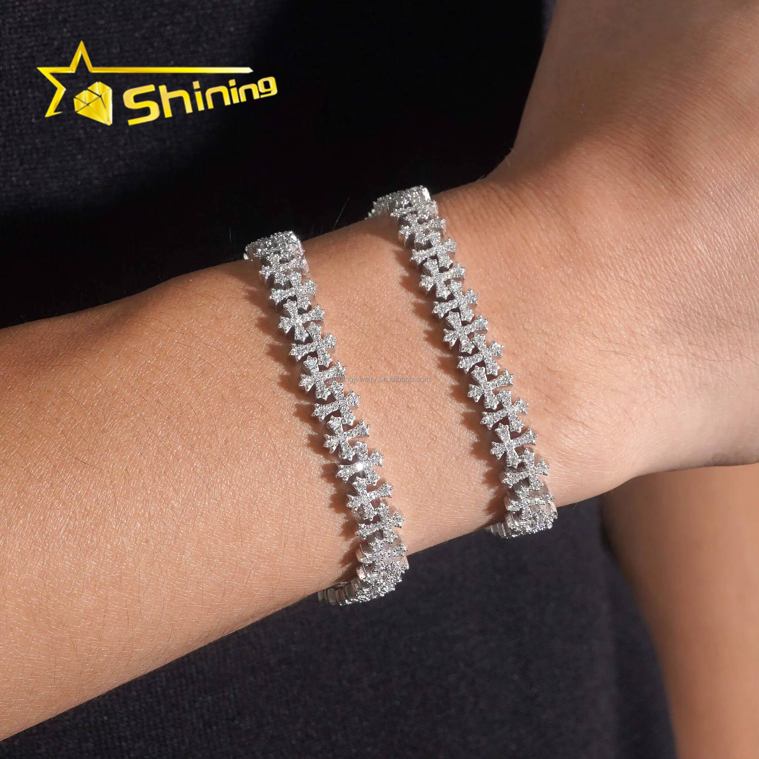 Pass Diamond Tester Luxury Jewelry Hip Hop VVS1 Moissanite Diamond Iced Out GRA Certificate S925 Silver Cuban Cross Bracelet