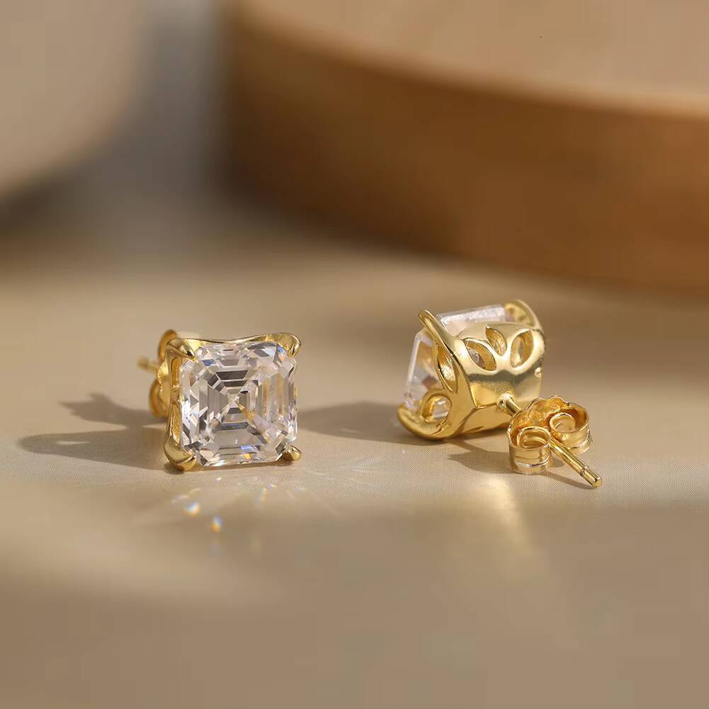 RINNTIN SMOE05 Fine Jewelry Princess Cut Single Diamond Ear Studs VVS Moissanite 925 Sterling Silver Stud Earring for Men Women