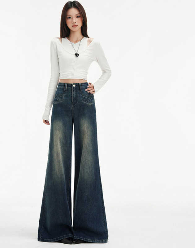 Vintage blue high-waisted fleece thick elastic flared jeans for women. Suitable for 2025-2026 autumn and winter. Slimming and enhancing buttocks S251119