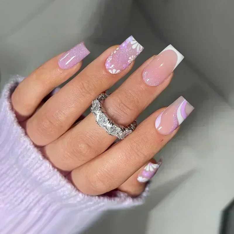 24Pcs Short Square Coffin False Nails Square Fake Nails with Glue French Glitter Wearable Acrylic Nails Set Press on Nail TipsT251118T251119