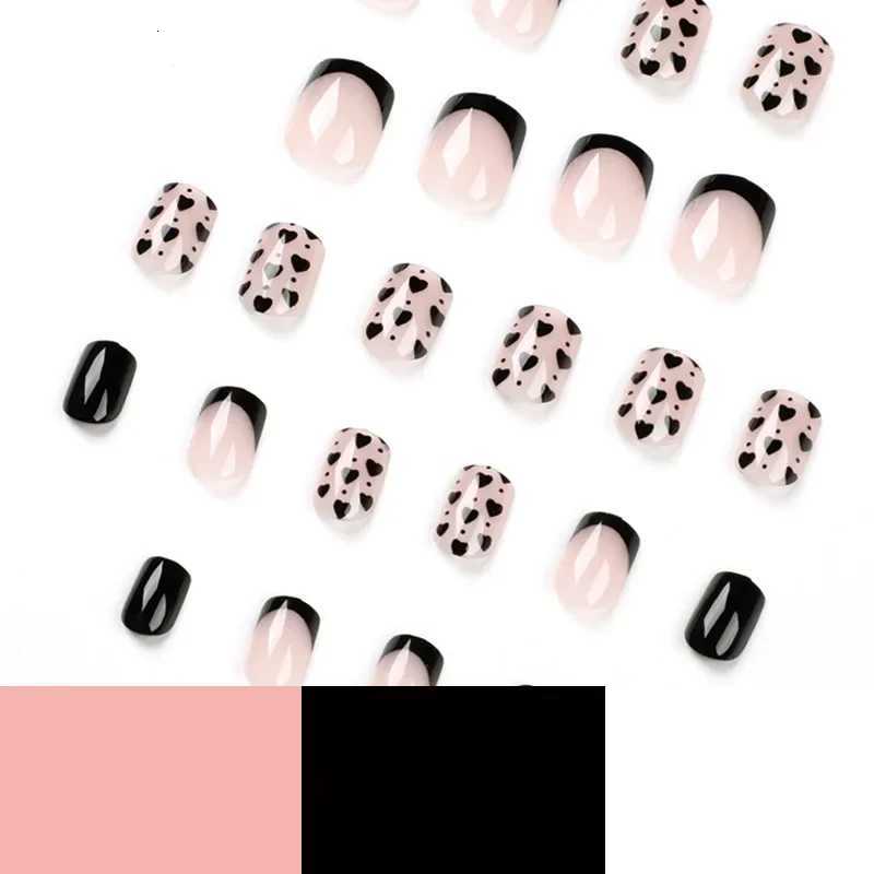 Black French Cute Love Heart Wearable Nail Art Glossy Short Fake Nails Detachable Finished False Nails Press on Nails with GlueT251118T251119