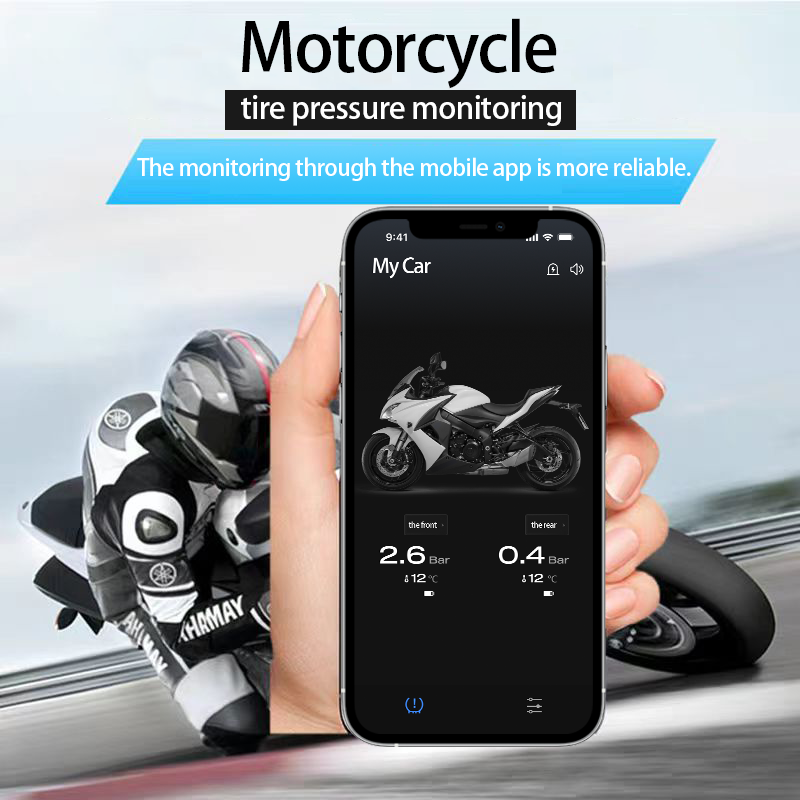Motorcycle Car Tire Pressure Monitoring System, Tire Pressure and Temperature Alarm, Wireless TPMS with 4 External Sensors, Support iOS and Android