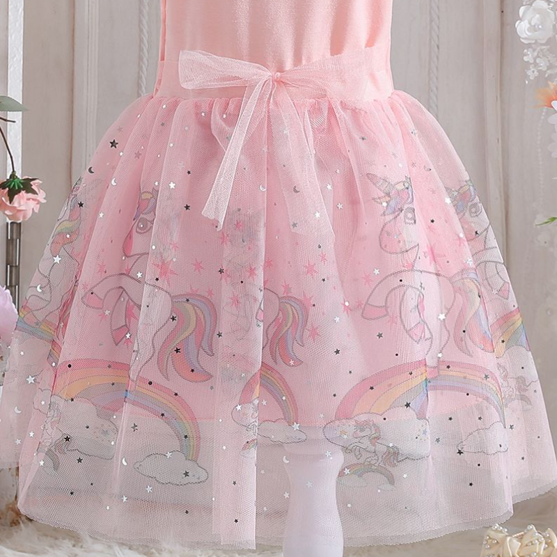 DISNEY kids designer clothes dress short-sleeved unicorn printed mesh Fairy princess dress unicorn dress for girls children birthday short sleeve puff