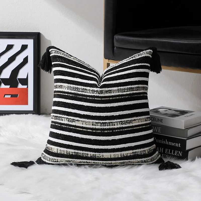 Simple Chenille Throw case 50X50 Yarn-Dyed Jacquard Stripe Geometric Fringe Sofa Cushion Cover Cojines Decor HomeM251119