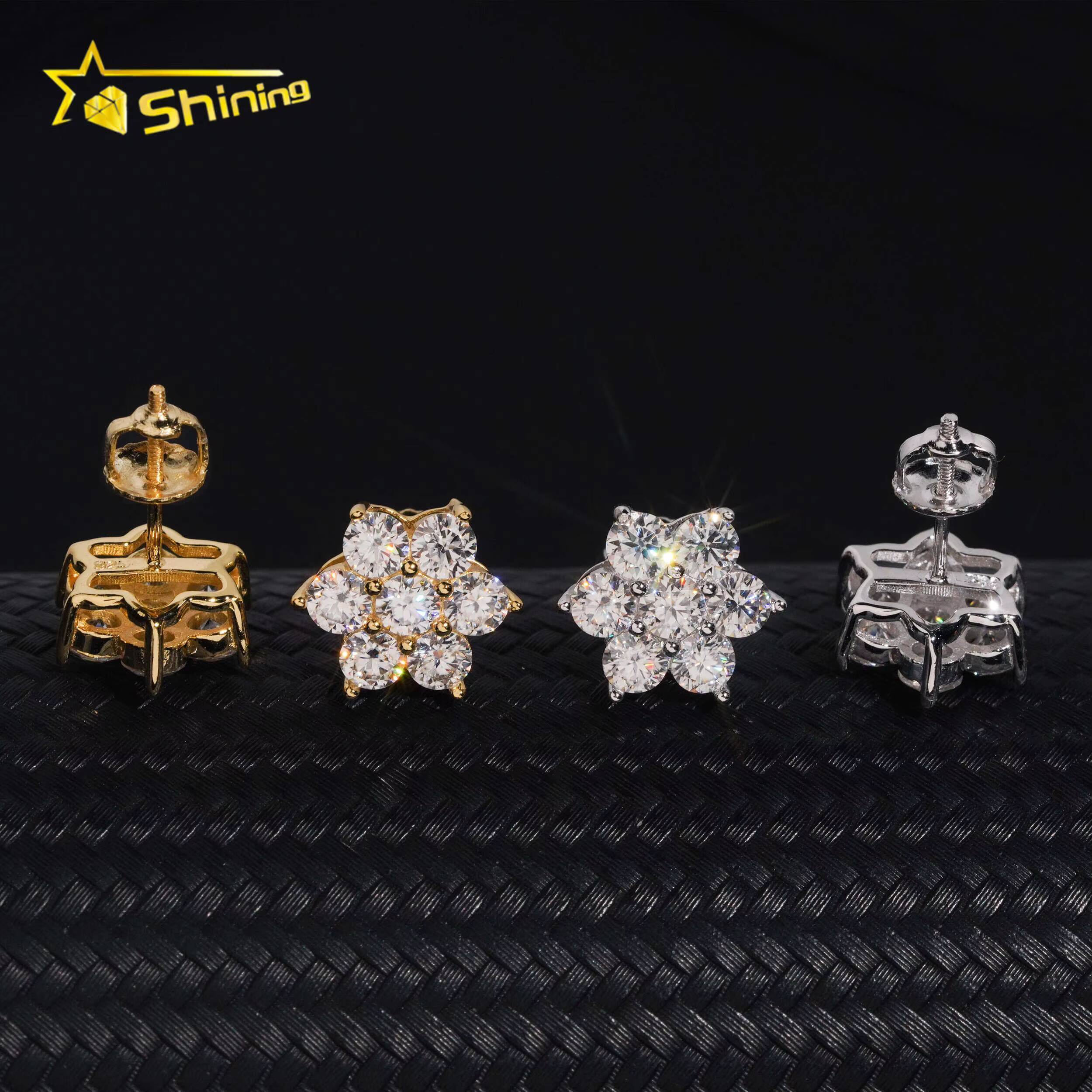 Hot Sale Flower Earring Gold Plated 925 Sterling Silver Iced Out VVS Diamond Moissanite Screw Back Stud Earrings Fine Jewelry