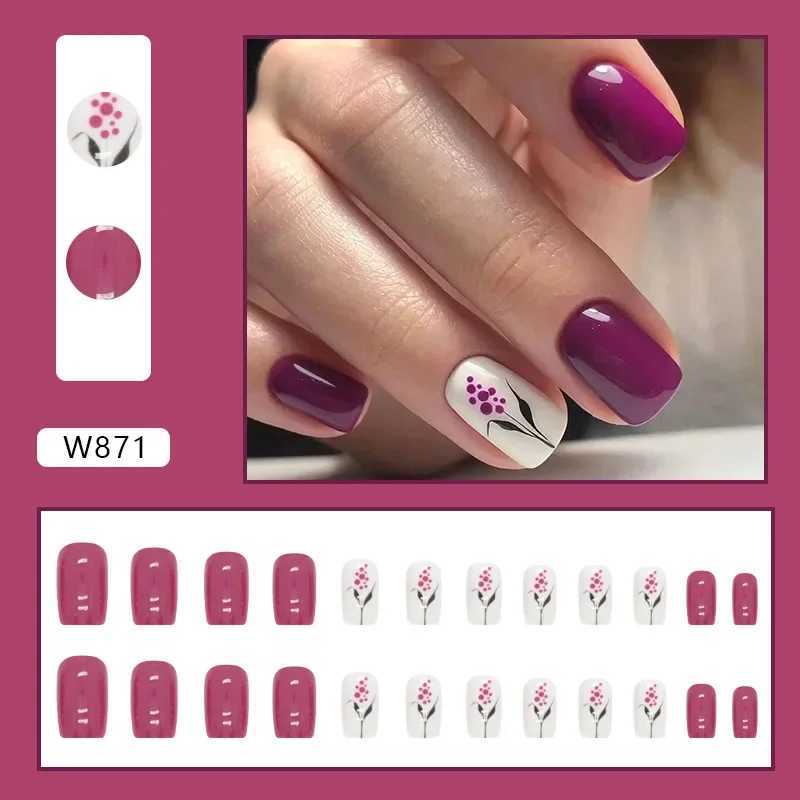 24pcs/set Square Rose Red Purple Flower Press on Nail False Nails for Girls Fake Nails with Design Artificial Nails Short CheapT251118T251119