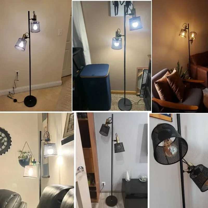 Nordic Vintage LED Floor Lamp Rotundity Grid Lampshade Foot Switch Rotable Living Room Bedroom Restaurant Kitchen Standing Light M251119