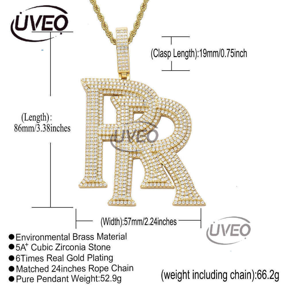 Luxury designer Double R Pendant Sterling Silver Gold Plated Ice out VVS Moissanite Pendant Hip Hop Men Women's Letter Necklace Cuban Chain Free 