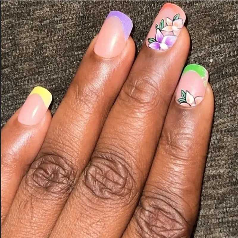 24pcs Short Square Press On Nails With Flower Design French Tip Fake Nails Spring Summer Full Cover False Nails For Women GirlsT251118T251119
