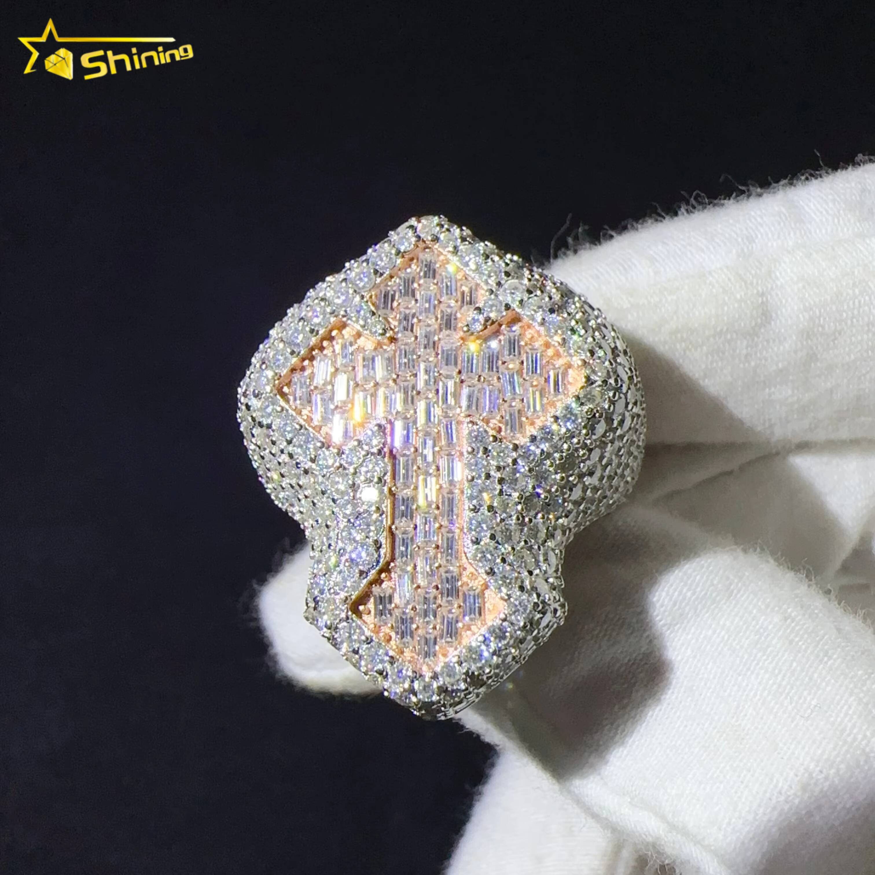 Pass Diamond Tester 925 Sterling Silver VVS Moissanite Hip Hop Custom Iced Out Cross Ring