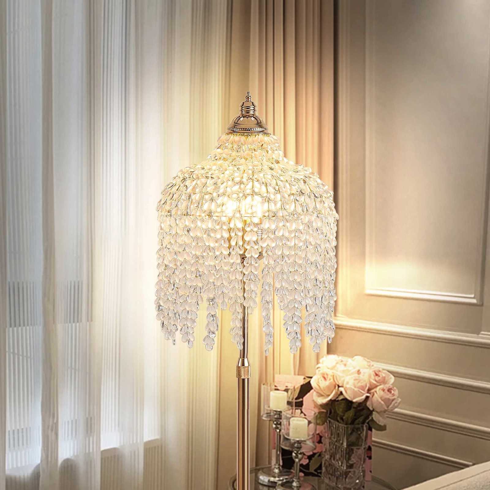 3-Light Elegant Crystal Floor Lamp Vintage Waterfall Design with Crystal Bead Strings and Marble Texture Base No Bulb M251119