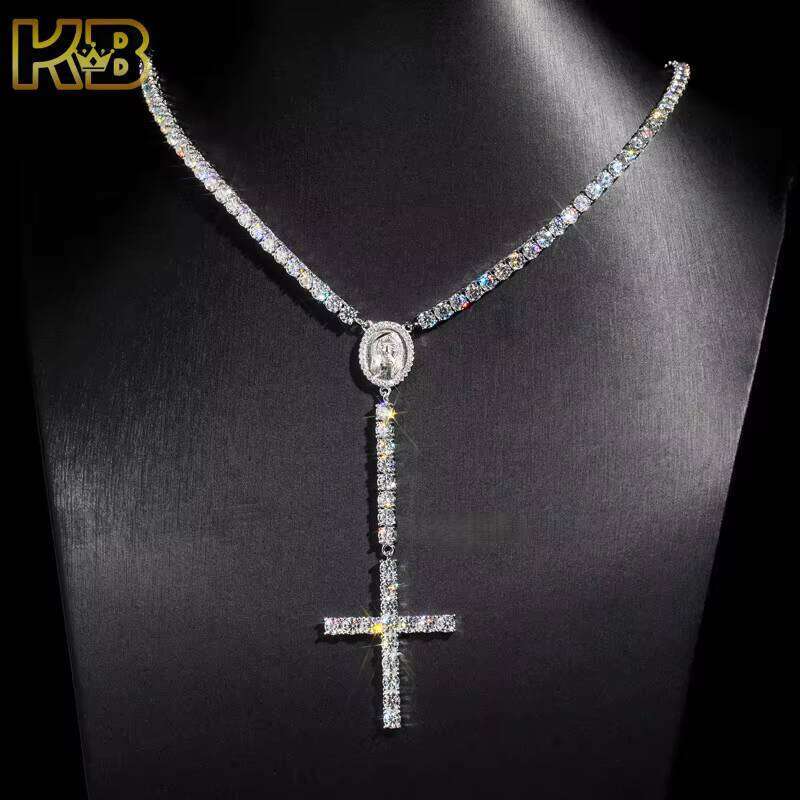 Luxurious Pure Sier Hip-Hop Rosary Necklace 4mm VVS Moissanite Unisex Cross Pendant Chain| Chilled Jewelry