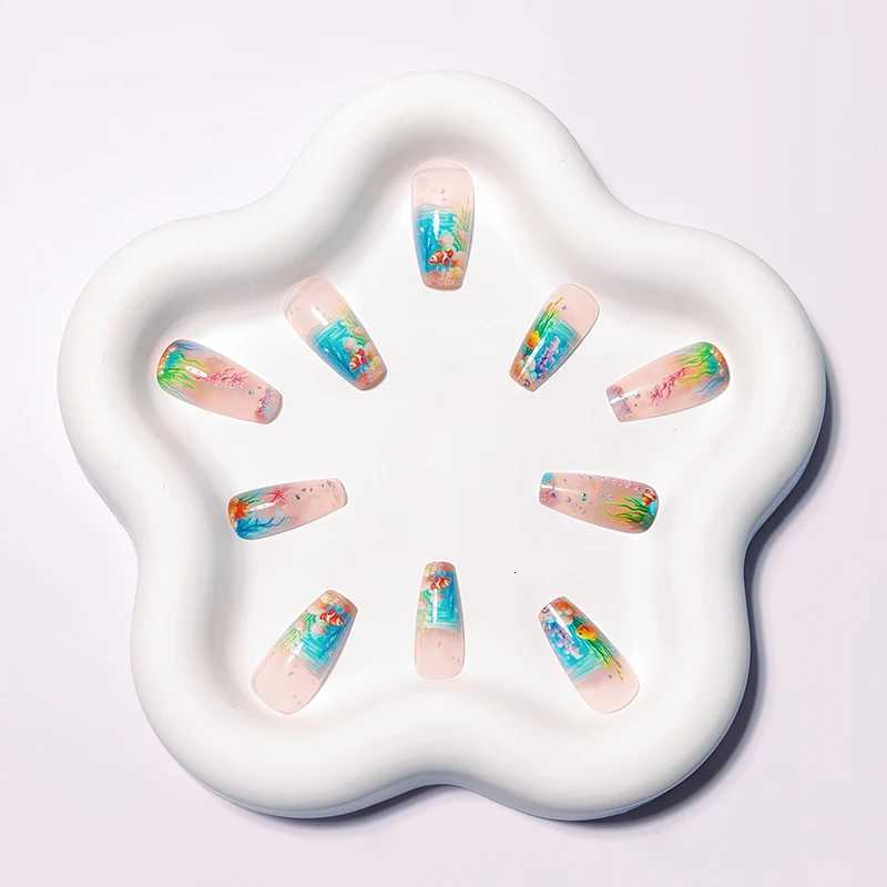Medium-long dreamy undersea creature press-on nails with seaweed and starfish designs for a trendy lookT251118T251119