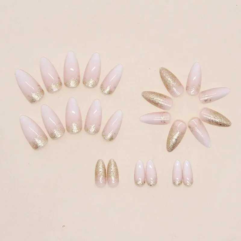 24-piece Long French Minimalist Flash Gold Nails with 1 Jelly Gel and 1 Nail FileT251118T251119