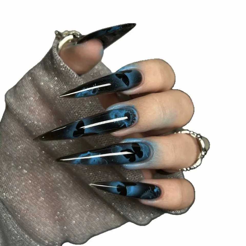 24PCS Dark Blue Butterfly Y2k False Nails Spicy Girls Gradient French Pointed Fake Nails Press On Long Stiletto Artificial NailsT251118T251119