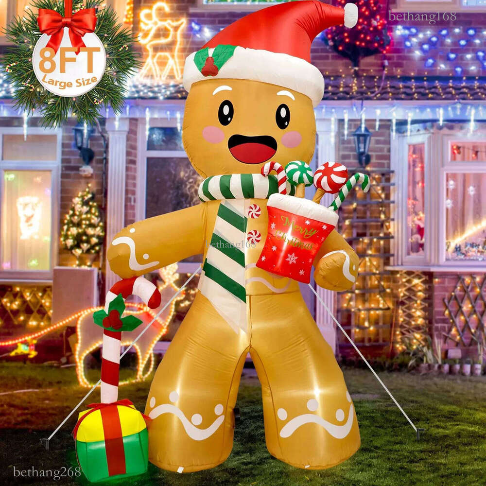 8FT Christmas Inflatables Outdoor Decorations Gingerbread Man Cute Xmas Blow Up Yard Decorations with 8 LED Lights for Decor 241007