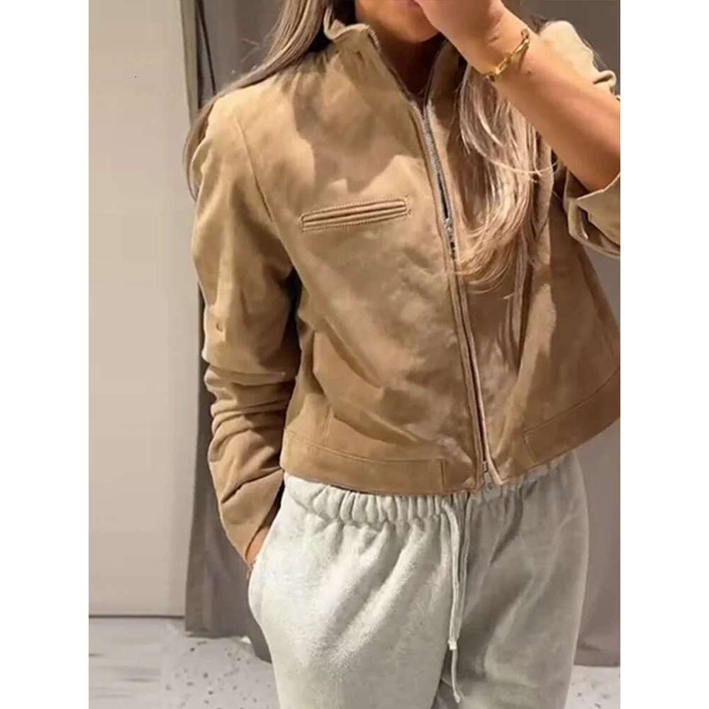 Designer Clothes 2025 Spring Short Suede Jackets Women Brown Stand Collar Zipper Long Sleeve Female Coats Fashion Street Y2k Lady Outwears